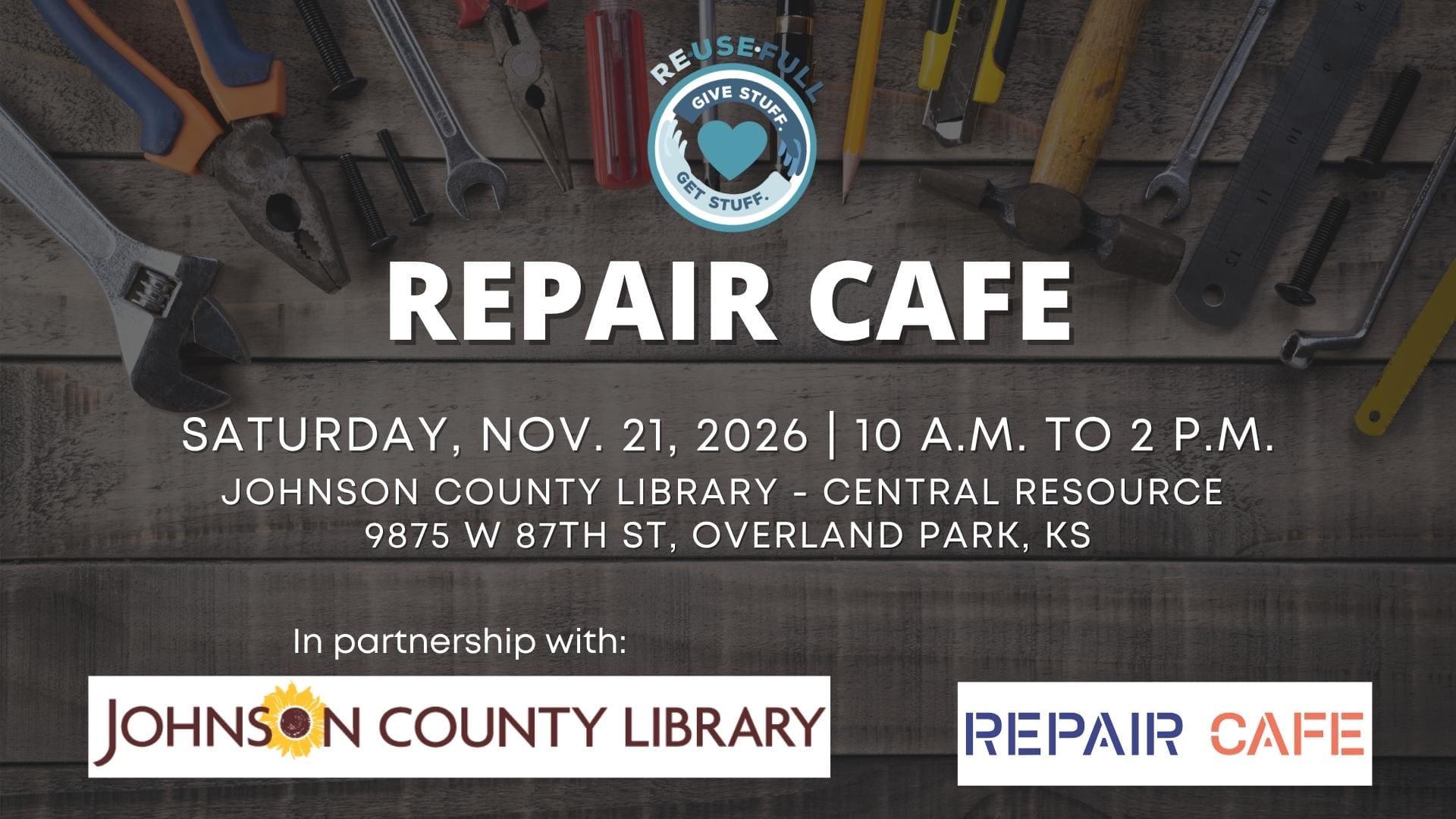 Repair Cafe November 21, 2026 at the Johnson County Central Resource Library